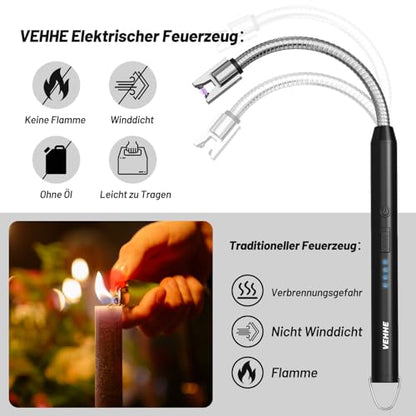 VEHHE Electric Lighter with 360° Flexible Neck, Flameless Windproof Long Candle Lighter with Led Battery Display, USB C Rechargeable with Hanging Hook for Gifts BBQ Fireworks (Black) - color: Black