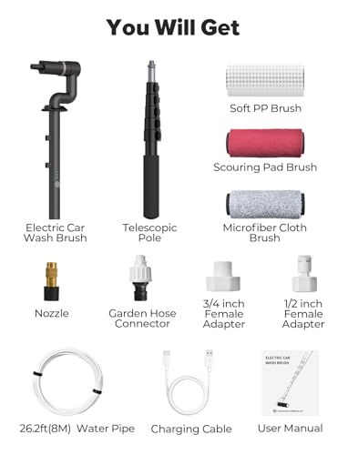 79'' Electric Car Wash Brush with Long Handle, Car Cleaning Brush for Cleaning RV with Water-Fed Pole, Scratch-Free Soft Bristles Car Wash Mop Kit, Complete Car Cleaning Kit for Car Truck RV Boat