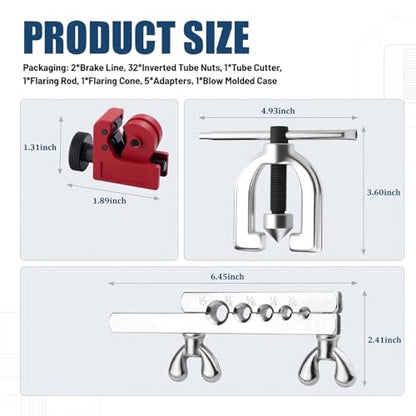 Brake Line Flaring Tool Kit,Complete Brake Line Kit with Tubing (25Ft 3/16" + 25Ft 1/4"),Double & Single Flare Tool,Portable Brakes Lines Repair Kits for Most Hydraulic Systems