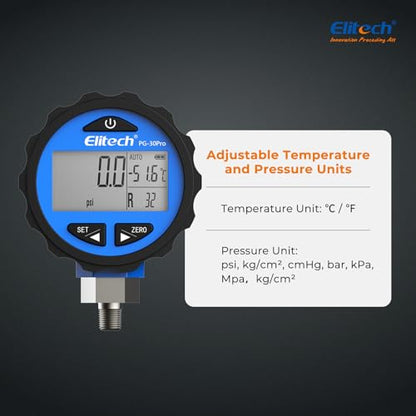 Elitech PG-30Pro Blue Refrigeration HVAC Digital Pressure Gauge -14.5-500 PSI 1/8'' NPT - size: -14.5-500 PSI, style: 1/8'' NPT
