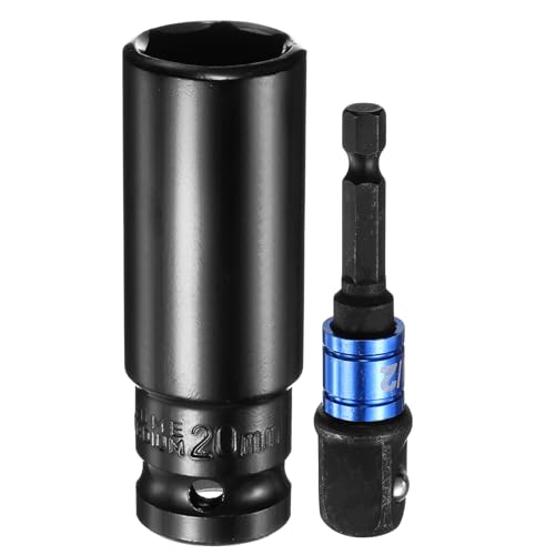 HARFINGTON Deep 6-Point Impact Socket 1/2" Drive 20mm Metric Socket 3" Length with 1/4" Hex Shank Adapter, CR-V Steel Socket Adapter Accessory Tool Set Kit for Hex Bolts Nuts - size: 20mm