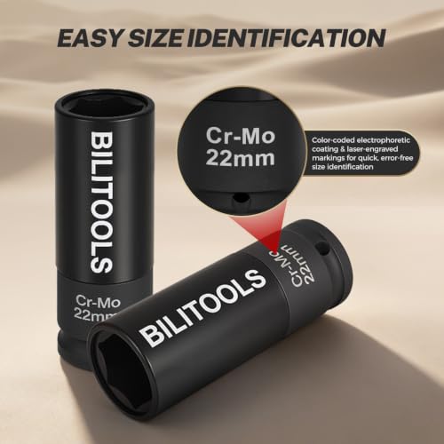BILITOOLS 22mm Lug Nut Socket, 1/2" Drive Thin Wall Impact Socket | Non-Marring Sleeve, 6-Point Cr-Mo Wheel Socket for Tire Changes, Rims and Auto Repair - size: 22MM