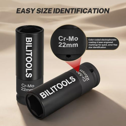 BILITOOLS 22mm Lug Nut Socket, 1/2" Drive Thin Wall Impact Socket | Non-Marring Sleeve, 6-Point Cr-Mo Wheel Socket for Tire Changes, Rims and Auto Repair - size: 22MM