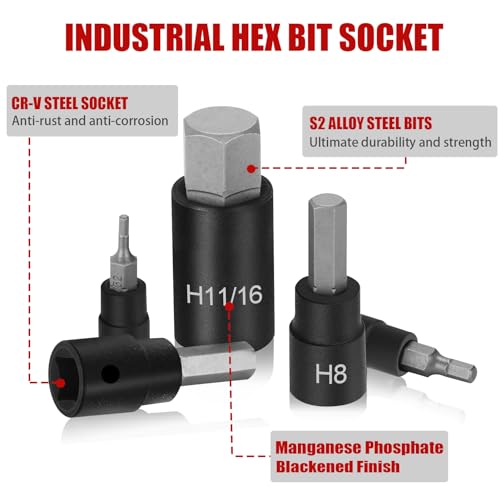 Hex Impact Bit Socket Set, 32-Piece Allen Socket Set SAE and Metric 1/4" 3/8" 1/2" Drives, S2 Alloy Steel and CR-V Bit Sockets