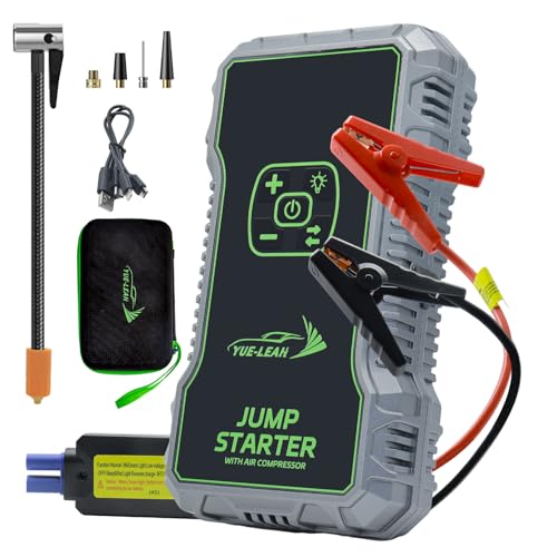 K10A 1000A Jump Starter, Portable Car Battery Jump Starter with Air Compressor, 12V Lithium Battery Booster Pack, Power Bank & Jumper Cables for 6.0L Gas & 3.0L Diesel Engines