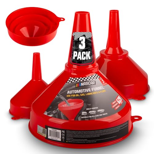 NASCAR Automotive Funnel Set – Oil, Gas & Fluid Funnels for Cars & Trucks, Durable, Lightweight, & Versatile, Includes 3 Sizes: Small, Medium, Large, Multi-Purpose Use for Oil Changes, Fuel, & More