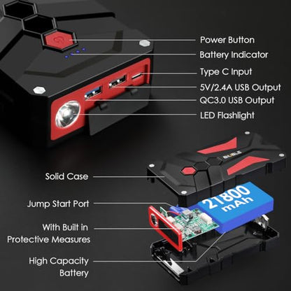 Jump Starter Car Jump Starter Auto Battery Booster Pack 8000A Peak 12V with USB-C Quick Charge,Lithium Jump Box with LED Light(Up to 8.0L Gas or 6.5L Diesel Engine) - color: Balck