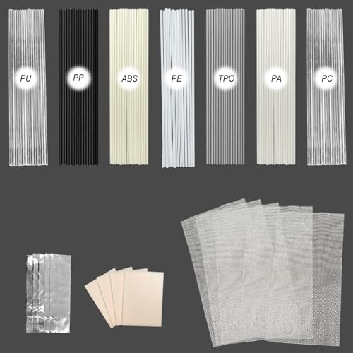 112 Pcs Plastic Welding Rods Kit, 7 Materials (PP ABS PE PU TPO PA PC) for Car Bumper & Kayak Repair, Includes 5 Stainless Steel Mesh, 4 Sanding Sponges & 5 Tapes, 7.87 Inch Plastic Weld Rods