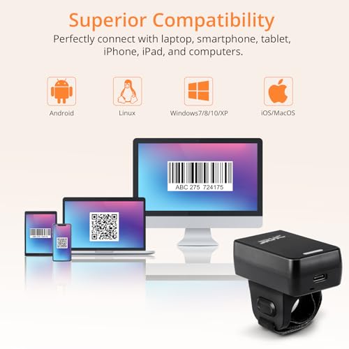 1D 2D Wearable Ring Barcode Scanner, Portable Mini Barcode Reader with 3-in-1 Bluetooth & USB Wired & 2.4G Wireless, Compatible with iOS, Android, Windows, Mac Tablets Or PC