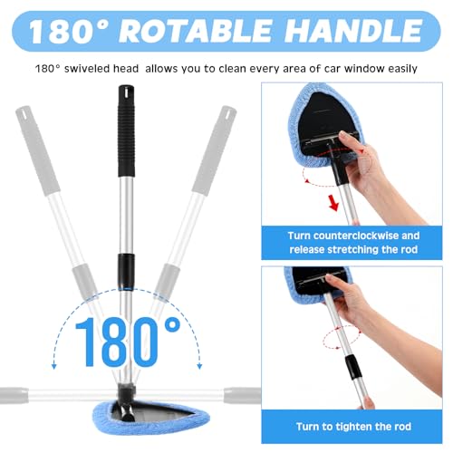 Baderke 10 Pcs Windshield Cleaner Tool Car Window Cleaning Supplies with Extendable Handle Include 6 Washable Microfiber Bonnets 2 Empty 60ml Spray Bottle Glass Wiper Kit(Light Blue) - color: Light Blue