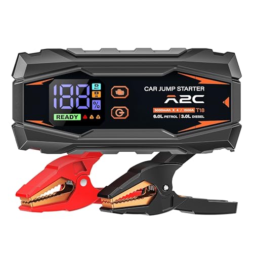 A2C T18 1500A Portable Car Jump Starter, 12V Auto Battery Booster | Fits 6.0L gas / 3.0L diesel, 12000mAh power bank, QC3.0 fast charging, NTC smart safety clamps, LED flashlight, with EVA case