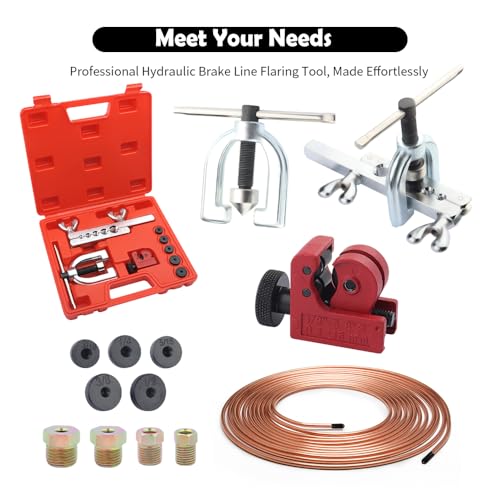 Single & Double Brake Line Flaring Tool Kit with 5 Adapters,25FT 3/16 Brake Line Kit with 16 Fittings,Copper Coated Brakes Lines Repair Kits for Automotive,Fuel,Hydraulic Systems