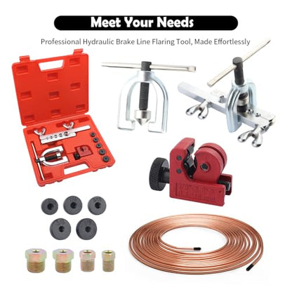 Single & Double Brake Line Flaring Tool Kit with 5 Adapters,25FT 3/16 Brake Line Kit with 16 Fittings,Copper Coated Brakes Lines Repair Kits for Automotive,Fuel,Hydraulic Systems