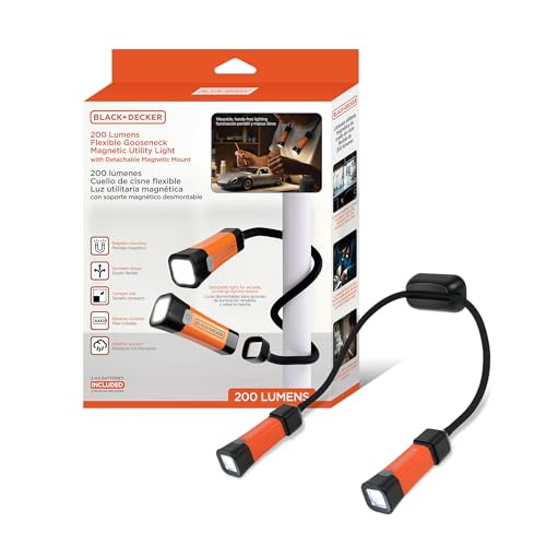 BLACK+DECKER LED Neck Reading Light, 200 Lumens Dual Flashlight Hands-Free Lighting, Flexible Gooseneck, 3 Dimmable Modes, SOS, 3 Magnetic Mounts, Wearable, AA Battery-Powered, IP65 Weather-Resistant