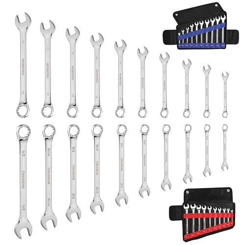 WORKPRO 20-piece Combination Wrench Set, Metric 6-18mm & SAE 1/4”- 3/4”, Cr-V Steel, 12-point Wrenches Set with 2-in-1 Rolling Pouch