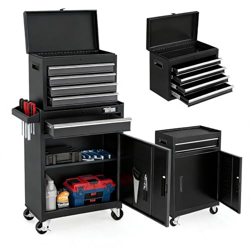 TUFFIOM 5-Drawer Rolling Tool Chest, Tool Storage Cabinet w/Drawers, Lockable Wheels, Detachable Top & Adjustable Shelf, Mechanic Tool Organizer Box for Garage, Workshop, Warehouse & Repair Shop - color: Black, size: 5-Drawer