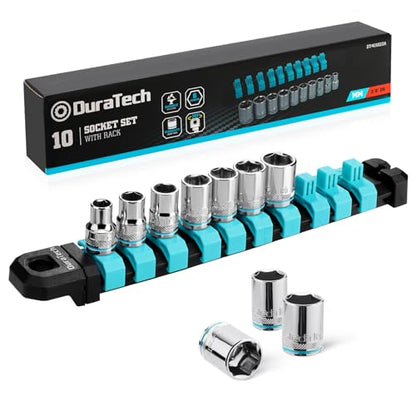DURATECH 3/8" Drive Socket Set, Metric Socket Set 10PCS with Storage Rack | Mechanic Metric Socket Sets, 6-Point Shallow Socket Set, 8mm, 10mm, 11mm, 12mm, 13mm, 14mm, 15mm, 16mm, 17mm, 19mm - size: 3/8 inch