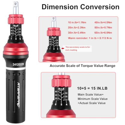 ATsafepro Torque Screwdriver 10-60 in.lb,21 Pcs Inch Pound Torque Screwdriver Set -1/4" Elastic Bit Holder and Bit Holder, Buckle Clamp, Flat, Hex, Torx, Philips, Fit for Bicycle, Tool Maintenance - style: Mechanical - 10-60 in.lb/1.1-6.8 Nm