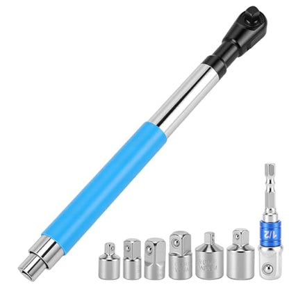 1/2 Inch Offset Extension Wrench Impact – Strong Torsion Output Steel Wrench Extender with 6 Sockets & 1 Adapter Rod for Tight & Narrow Spaces (Blue) - color: Blue