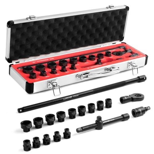 LLNDEI 3/8" Drive Stubby Impact Socket Set Metric 6-19mm, 19-Piece Cr-Mo Nano Socket Set with 2 Extension Bars (6" & 15"), Universal Joint & Ratchet Wrench for Tight Space Access