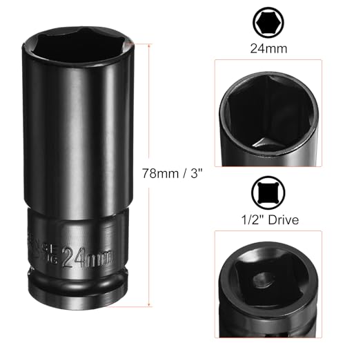 HARFINGTON Deep 6-Point Impact Socket 1/2" Drive 24mm Metric Socket 3" Length with 1/4" Hex Shank Adapter, CR-V Steel Socket Adapter Accessory Tool Set Kit for Hex Bolts Nuts - size: 24mm