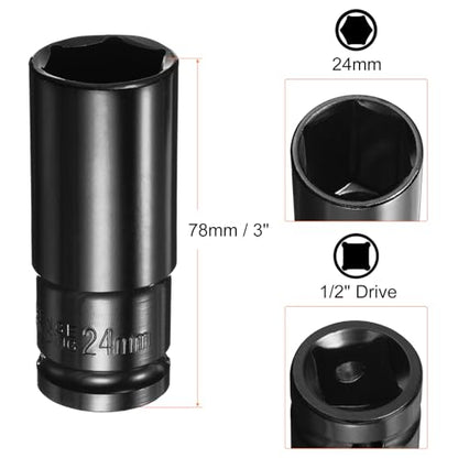 HARFINGTON Deep 6-Point Impact Socket 1/2" Drive 24mm Metric Socket 3" Length with 1/4" Hex Shank Adapter, CR-V Steel Socket Adapter Accessory Tool Set Kit for Hex Bolts Nuts - size: 24mm