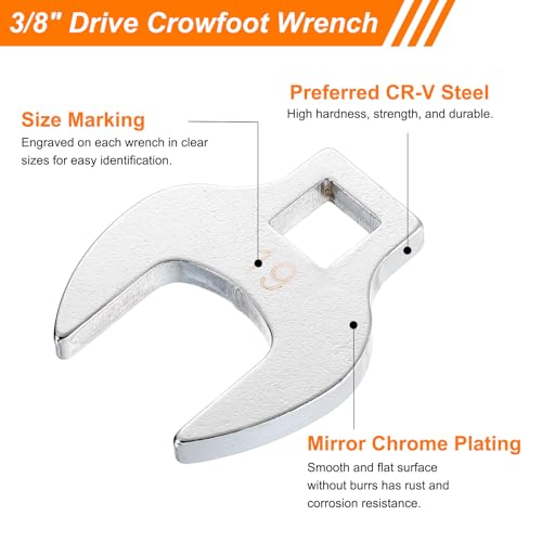 HARFINGTON 8pcs Drive Crowfoot Wrench Set 3/8" Crowfoot Flare Nut Wrench Set 10mm - 19mm Drive Metric Crowfoot Wrench with Clip-on Organizer for Mechanics Automotive Repair Work