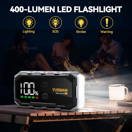 YUSMAN Car Jump Starter, 8000A 12V Jump Battery Pack (All Gas/10.0L Diesel), Portable Jump Starter with Display, Car Jump Starter with Extended Smart Cables, Quick Charge 3.0, LED Light