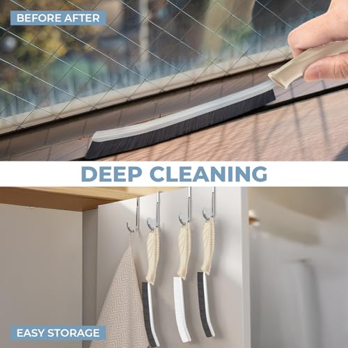 TQRR Cleaning Brush Set 3 Pcs with Soft Bristle and Hard Bristle Crevice | Grout Brush, Auto Vent Cleaning, Wheel Cleaning, Cleaning tool for Kitchen and House Use, Sinks, Shower, Tile, Toilet, Window - color: Khaki