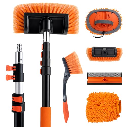 17ft Telescopic Pole with Car Wash Brush and Window Squeegee Kit, 3-12 ft Extension Pole, Bristles Wash Brush, Chenille Mop & Wash Mitt, Wheel Brush for Outdoor Cleaning Supplies for Roof, RV, Truck