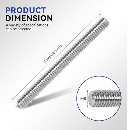 24 Pcs 304 Stainless Steel M8 Fully Threaded Rod,2.5"(64mm) Threaded Rod,Right Hand Threads，with Nuts (24, M8x64mm) - size: M8x64mm