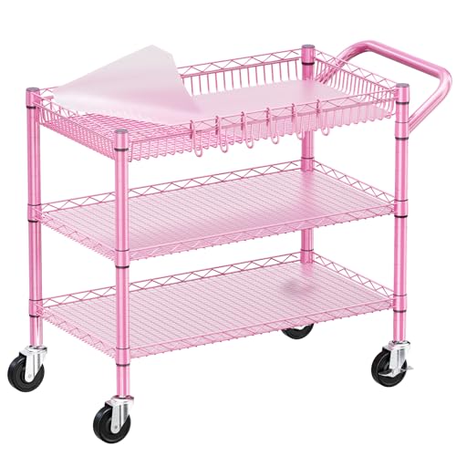WDT Pink Rolling Utility Cart with Wheels, 990Lbs Heavy Duty Metal Cart with Handle & Shelf Liners, NSF Certified 3-Tier Storage Trolley for Esthetician, Kitchen, Salon & Craft Room, Pink - color: Pink-3 Tier
