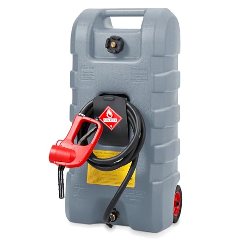 15 Gallon Gas Can, Fuel Tank Container with LE Fluid Transfer Manual Siphon Pump & 10FT Hose, Portable Diesel Gas Storage Caddy with Wheels for Car, ATV, Weeder, Boat, etc., Grey - color: Grey