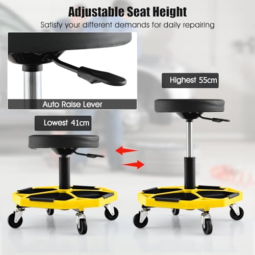 TANGZON 150KG Pneumatic Rolling Mechanic Stool, 41CM-55CM Height Adjustable & 360° Swivel Roller Creeper Seat with Removable Tool Tray and Wheels, Heavy Duty Padded Garage Workshop Stool (Yello+Black) - color: Yello+black