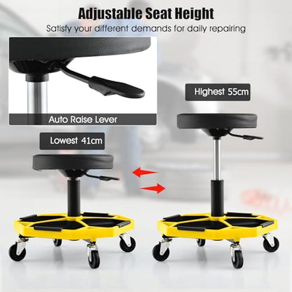 TANGZON 150KG Pneumatic Rolling Mechanic Stool, 41CM-55CM Height Adjustable & 360° Swivel Roller Creeper Seat with Removable Tool Tray and Wheels, Heavy Duty Padded Garage Workshop Stool (Yello+Black) - color: Yello+black