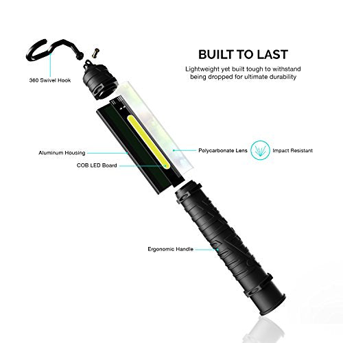 NEIKO 40339A Cordless COB LED Work Light with Rechargeable 4,400-mAh Li-ion Battery, Up to 11.5 Hours of Run Time, and Max Brightness of 1000 Lumens, Black