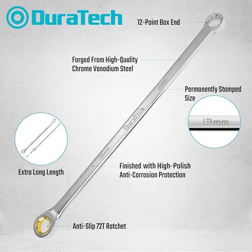 DURATECH 13mm Extra Long Anti-Slip Ratcheting Wrench, Double Box End Wrench, 12-point, Metric, CR-V Steel - size: 13mm