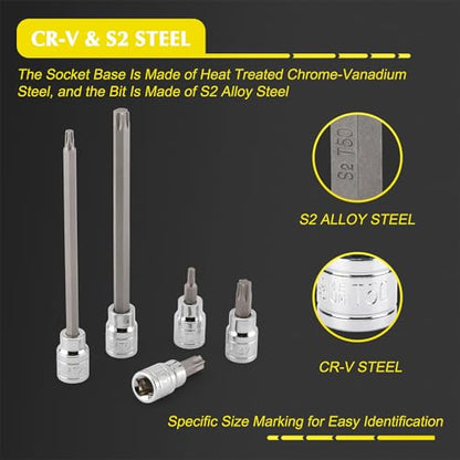 EMENTOL 3/8 Inch Drive Torx Bit Socket Set, Extra Long Star Bit Sockets, 24-Piece, Cr-V and S2 Alloy Steel, T10-T60 - size: 24PCS Extra Long Torx Bit Socket Set (T10-T50)