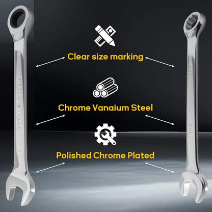 19mm Ratcheting Wrench 2 Pcs 72-Tooth 12-Point Chrome Plated | Forged 45# Carbon Steel Durable, 5-Degree Arc For Tight Spaces, 12-Point Protects Fasteners, Polished Chrome Anti-Rust - size: 19mm