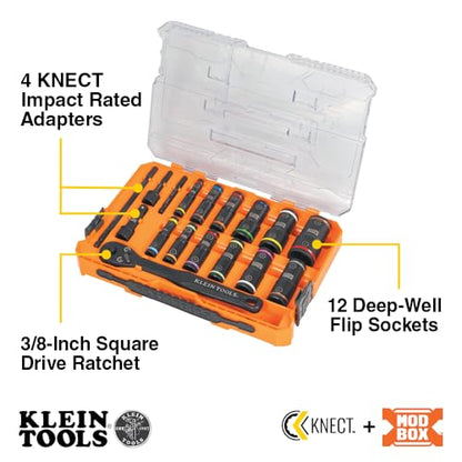 Klein Tools 65626 KNECT Deep Well Impact Socket Set, 3/8-Inch Drive Ratchet, 24 SAE and Metric Flip Socket Sizes, MODbox Case - style: 24-Piece Metric & SAE Set