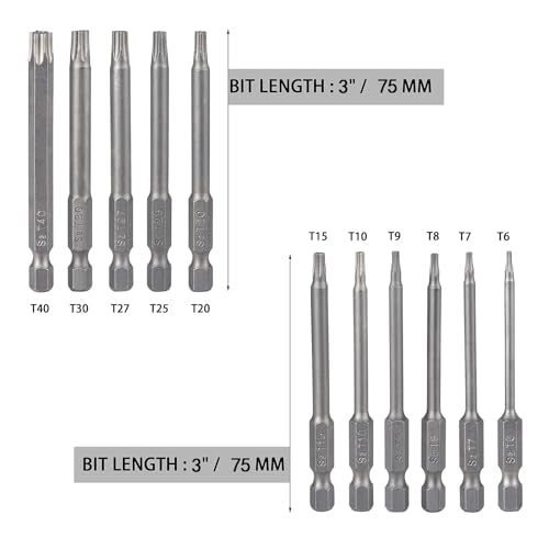 YDLQWCZ Security Torx Bit Set 11 Piece 3 Inch long Tamper Proof Star Bit Set S2 Steel 1/4" Hex Shank T6-T40 Magnetic Impact Driver Drill Bits - size: 3 In.