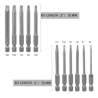 YDLQWCZ Security Torx Bit Set 11 Piece 3 Inch long Tamper Proof Star Bit Set S2 Steel 1/4" Hex Shank T6-T40 Magnetic Impact Driver Drill Bits - size: 3 In.