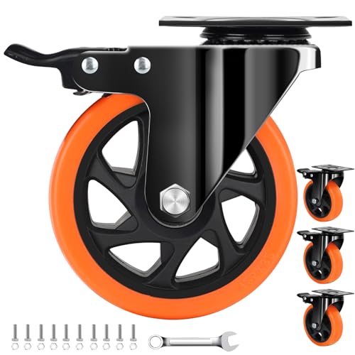 QNCZ Caster Wheels, 5 Inch Heavy Duty Casters Set of 4, Silent Industrial Casters Load 2600lbs, Swivel Casters for Furniture, Workbench and Cart Wheels - color: Orange, size: 5 IN