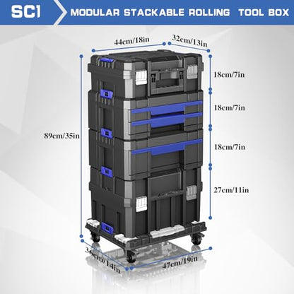 4 Tier Stackable Rolling Tool Box with Wheels | Modular Tool Organizer Box Storage System | Portable Tool Box with Drawers | Tough and Durable | for Garage Storage | Home Repairs | Professional Work - size: 4 Tier Stackable Tool Box
