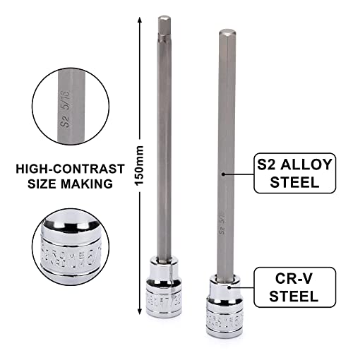 EMENTOL 10PCS 3/8" Drive Long Hex Bit Socket Set, CR-V, S2 Steel, SAE, Length 5.9-Inch, Extra Long Allen Hex Bit Socket Set, 1/16 Inch - 1/2 Inch - size: 10 PCS (1/16 Inch - 1/2 Inch, 1.6mm - 12.7mm)