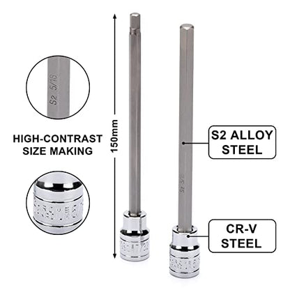 EMENTOL 10PCS 3/8" Drive Long Hex Bit Socket Set, CR-V, S2 Steel, SAE, Length 5.9-Inch, Extra Long Allen Hex Bit Socket Set, 1/16 Inch - 1/2 Inch - size: 10 PCS (1/16 Inch - 1/2 Inch, 1.6mm - 12.7mm)