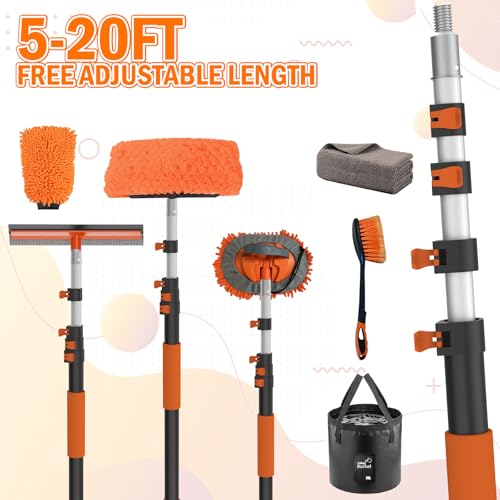 LAANPOLE 20FT Car Wash Brush with Long Handle, Car Cleaning Kit with Soft Bristle Wash Brush, Microfiber Cleaning Mop, Window Squeegee, Mitt, Wheel Brush, Bucket, Drying Towel for RV, Truck, Boat - size: 20FT