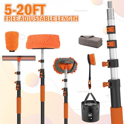 LAANPOLE 20FT Car Wash Brush with Long Handle, Car Cleaning Kit with Soft Bristle Wash Brush, Microfiber Cleaning Mop, Window Squeegee, Mitt, Wheel Brush, Bucket, Drying Towel for RV, Truck, Boat - size: 20FT