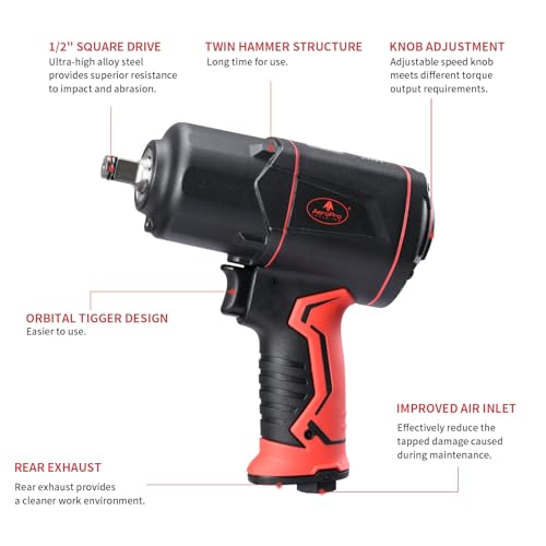 AEROPRO TOOLS 1/2-Inch Composite Air Impact Wrench(A315), Twin Hammer, 1220 FT-LBS Max Loosening Torque, 8000RPM, Pneumatic Impact Gun, for Auto Repair, Tire Shop (Lightweight Housing) - style: 1220 ft-lbs | Lightweight Housing