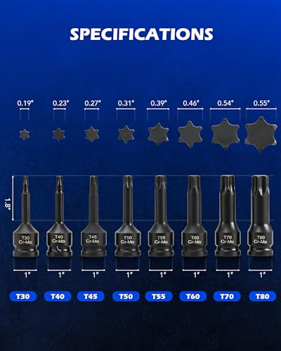 Orion Motor Tech Torx Bit Socket Set, 8pc 1/2" Drive Impact Torx Bit Socket Set T30 T40 T45 T50 T55 T60 T70 & T80 Sockets, Cr-Mo Steel Torx Impact Socket Set for Fastener Replacement with Carry Case - style: Torx Bit Socket Set